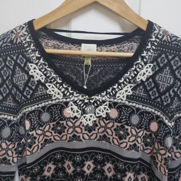 Cupio Sweater Womens S Fair Isle Knit Embroidered V Neck Long Slv Boho Casual - Picture 3 of 10